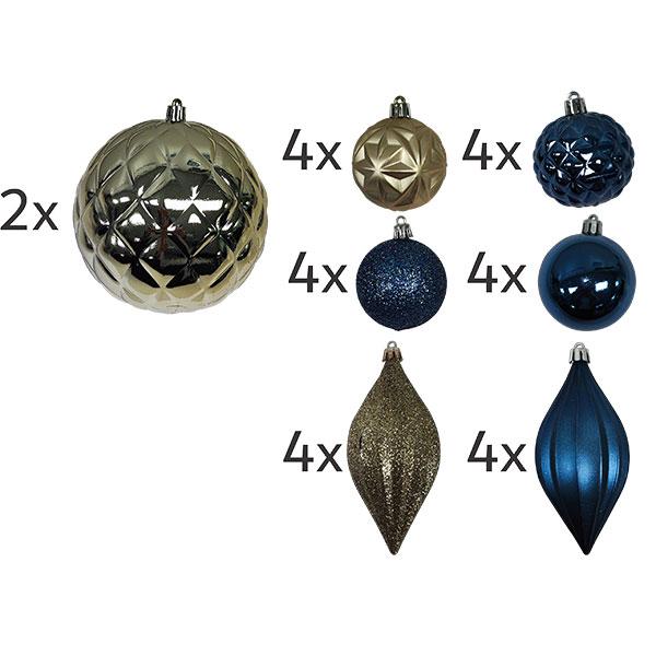 JUEGO BOLAS DORADO AZUL PARA ÁRBOL 26 PIEZAS