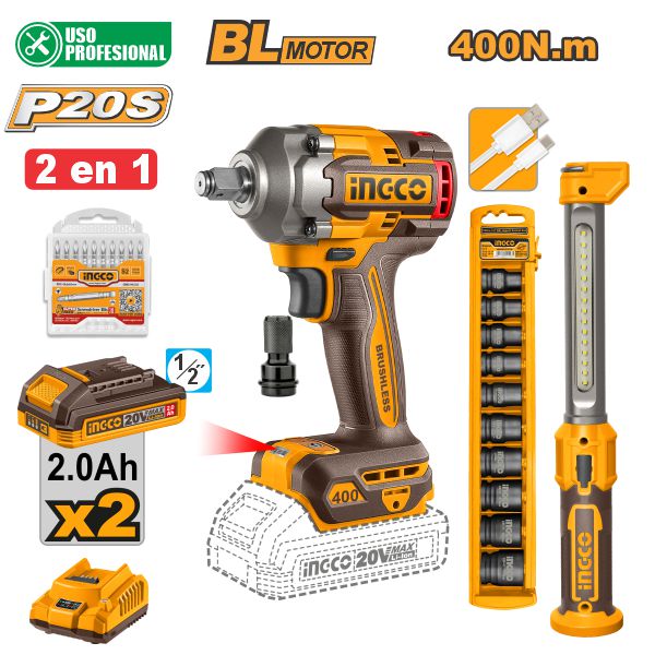 KIT LLAVE IMPACTO INALÁMBRICA 20V 400NM 2 BATERÍAS UCOSLI23048