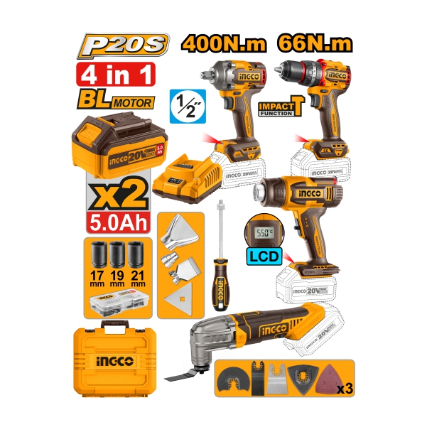 KIT 4 HERRAM 20V+2BAT+1CARG+ACCES UCOSLI240969