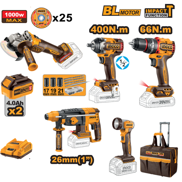 TALADRO PERCUTOR + LLAVE IMPACTO + ESMERIL + ROTOMARTILLO + LÁMPARA UCKLI2059