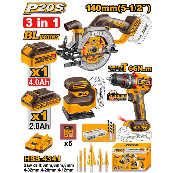 SIERRA CIRCULAR 5.1/2 + LIJADORA + TALADRO PERCUTOR 1/2 20V SLI241193